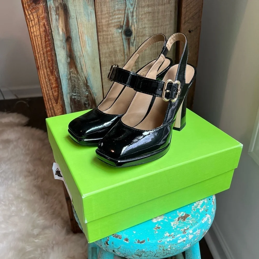 SAM EDELMAN Black Patent Leather Platform Mary Jane Gold Buckle Heels Size 7